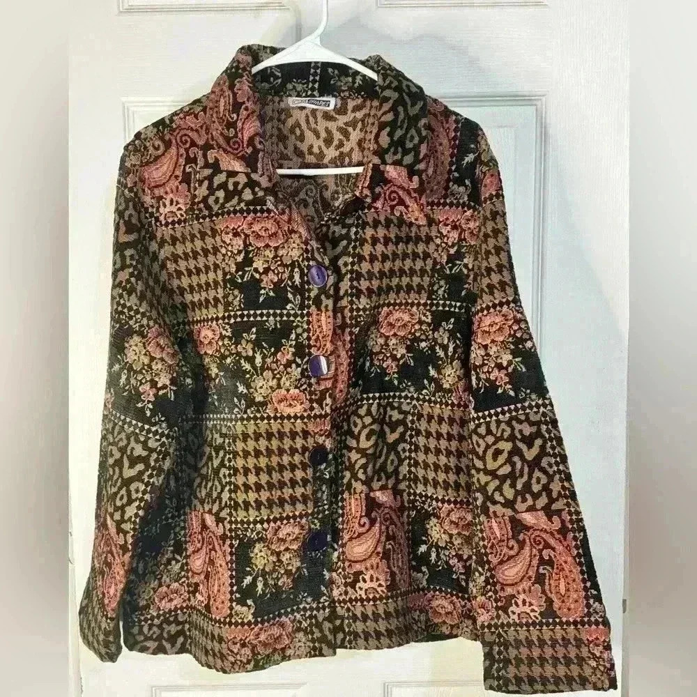 Vintage CM Shapes Tapestry Jacket Black Floral Leopard Pattern Long Sleeve